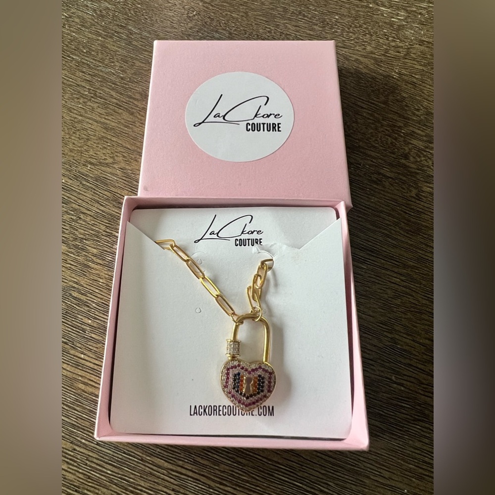 LaCkore Couture colored pave heart lock necklace